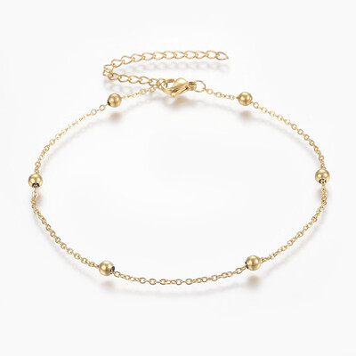 

304 Stainless Steel Anklets with Lobster Claw Clasps Round Beads&Cable Chains Golden 9"230mm 15mm
