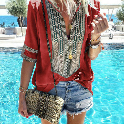 

Summer Women T-Shirt Boho Print Tee Deep V-Neck Long Sleeve Shirts Top Blouse