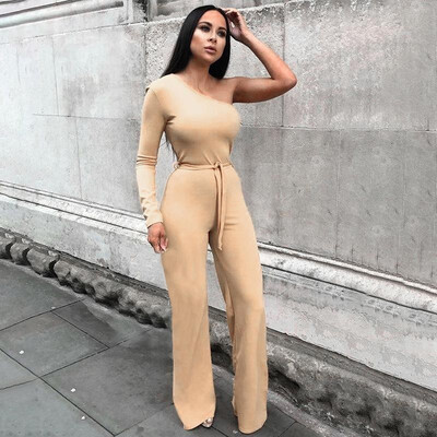 

Women Jumpsuit Solid Color One Shoulder High Waist Tied Bandage Wide Legs Pants Sexy Street Wear