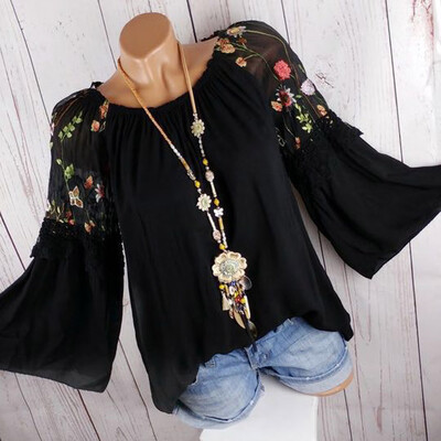 

Nomeni Fashion Women O-Neck Blouse Floral Embroidery Lace Flare Sleeve T-shirt Tops