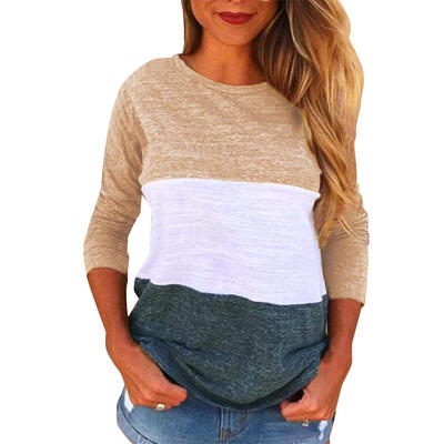 

Autumn Women T-shirt O-neck Loose Splicing Color Blouse Long Sleeve Tops