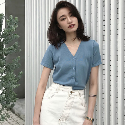 

Womens Solid Short Sleeve V-Neck Blouse Sun Protection Single Breasted Summer Knitted Cardigan