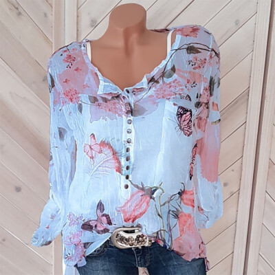 

Womens Fashion Casual Long Sleeve V-Neck Chiffon Floral Printed Loose Blouse Shirt