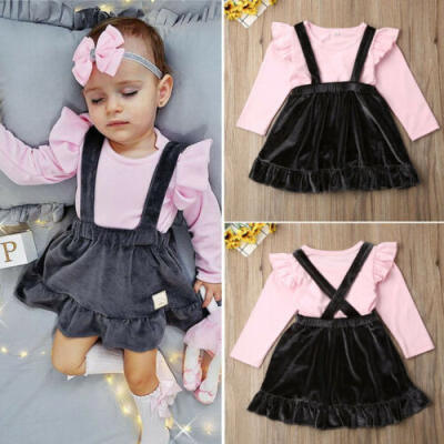 

2pcs Kids Baby Girl Outfit Casual T-shirt TopsVelvet Skirt Leggings Clothes Set