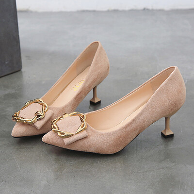 

High-heeled female Korean version of the suede metal square buckle light mouth tip single-shoe womens fine heeled shoes