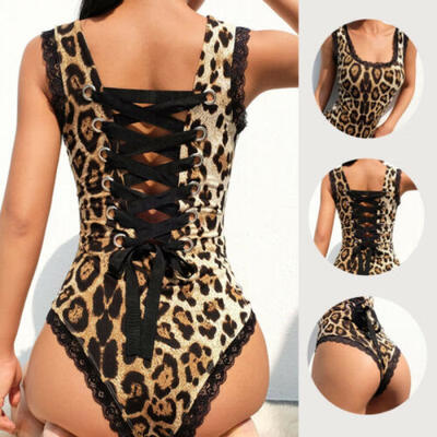 

Women Leopard Print Bandage Jumpsuit Casual Sleeveless Stretch Leotard Bodysuits