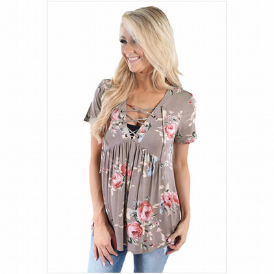 

Multi-color optional V-neck cross strap short-sleeved printed hem straight top