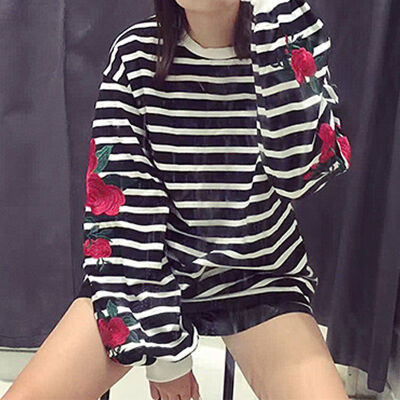 

Women Fashion Casual Loose Embroidered Striped Female T-shirt Bat Sleeve Pullover Sweatershirt