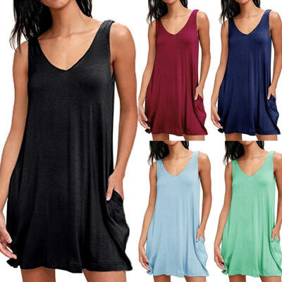 

Women Ladies Casual Sleeveless V-Neck Swing Midi Flared Vest Tank Dress