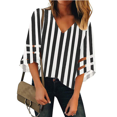 

Starmoon Womens V Neck Striped Mesh Panel Blouse 34 Bell Sleeve Casual Loose Top Shirt