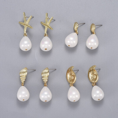 

Shell Pearl Bead Dangle Earrings Studs with Alloy Stud Earring Findings&Cardboard Boxes Golden 3147mm Pendant 21x13mm P