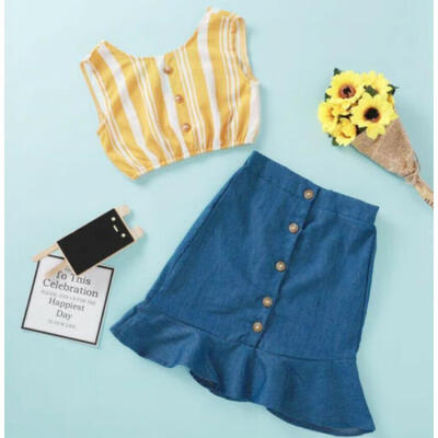 

2PCS Kids Baby Girls Summer Striped Tops Sleeveless T-shirt Denim Skirt Outfits