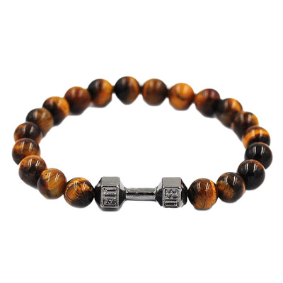 

2019 New Fashion Natural Volcanic Stone Tiger Eye Bracelet Energy Beaded Metal Dumbbell Bracelet