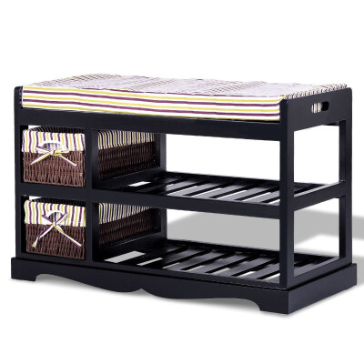 

2 Basket Padded Entryway Shoe Storage Bench Rack-Black