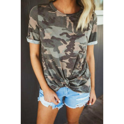 

Womens Camouflage Print Summer Sexy O-neck Short Sleeve Blouse Tops T Shirt