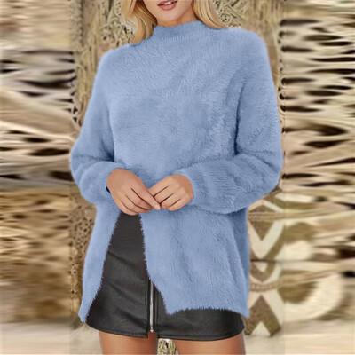 

Women Casual Split Sweater Fluffy Half High Collar Warm Long Sleeve Knitwear