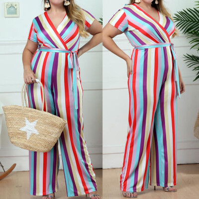 

Gobestart Fashion Women Casual Plus size Stripe Print Camis Short Sleeve Bandage Jumpsuit