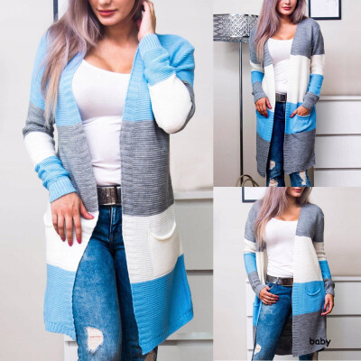 

Gobestart Fashion Women Patchwork Knitted Long Sleeve Pockets Cardigans Sweater Top