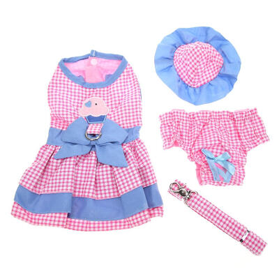 

4pcsSet Plaid Pet Dog DressPhysiological PantsHatTraction Leash Rope