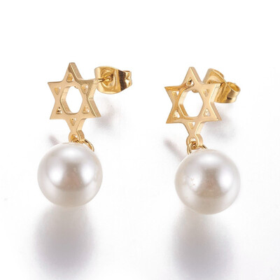 

304 Stainless Steel Dangle Stud Earrings with Plastic Imitation Pearl Star of David Golden 285mm Pin 08mm