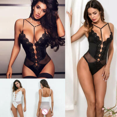 

USA Womens Black Lace V Neck Sleeveless Bodysuit Jumpsuit Romper Lingerie Tops
