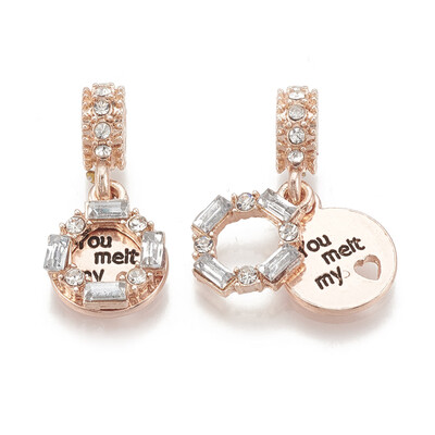 

Alloy European Dangle Beads with Rhinestone Large Hole Pendants Flat Round with Word Rose Gold Crystal 25mm Hole 45mm