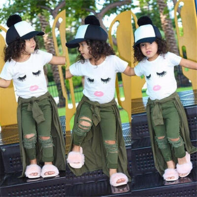 

US Stock Toddler Kid Baby Girls Eyelash Tops T-shirt Hole Pants Outfits Clothes
