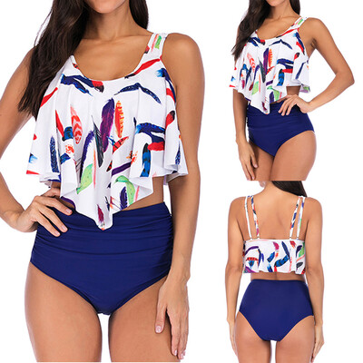 

Saidsome Womens Plus Size Lotus Leaf Print Swimsuit High Waist Split Bikini