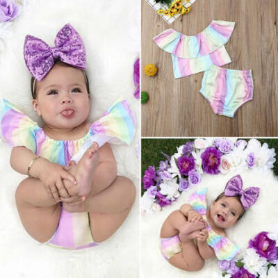 

AU Infant Baby Girl Kid Rainbow Top Ruffle Pants Brief Outfit Summer Clothes Set