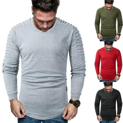 

HOT Men T-Shirt Slim Fit Casual Tops Autumn Clothes Muscle Thin Gym Tee Blouse