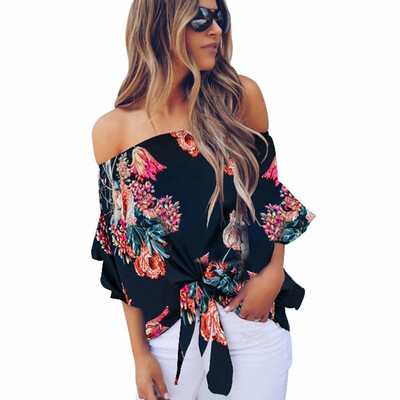 

One-neck T-shirt womens seven-point sleeve printed knotted top