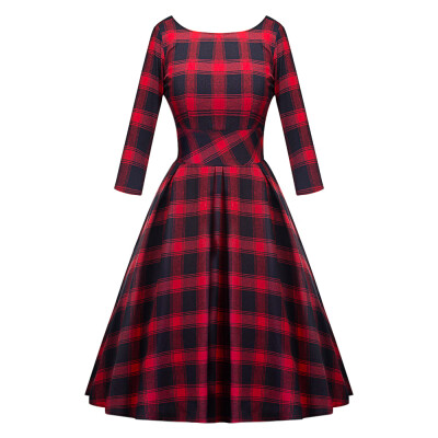 

Round Collar Long Sleeve Backless Plaid A-line Women Dress