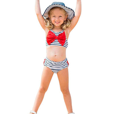 

2pcsset Baby Girl Halter Swimsuit Bowknot Striped Bathing Suits Bikini