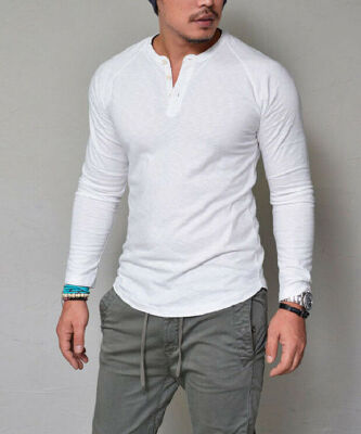 

Mens Slim Fit Long Sleeve Cotton T Shirt Casual V Neck Tops Muscle Tee