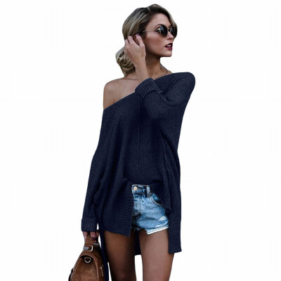 

V-neck long sleeve front short long long wool pullover loose casual knit sweater