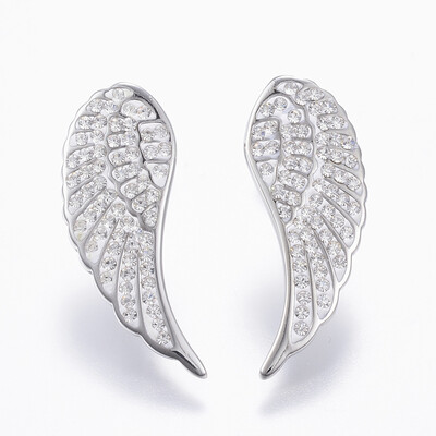 

304 Stainless Steel Rhinestone Stud Earrings Wing Crystal 28x11x3mm Pin 07mm