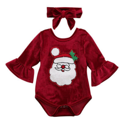 

US Newborn Kids Baby Girl Xmas Romper Jumpsuit BodysuitHeadband Clothes Outfits