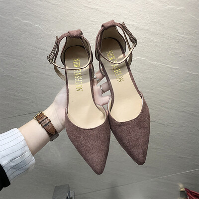 

Spring 2019 new one-word buckle with French girls high heels with Joker net red&black retro shoes women