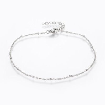 

304 Stainless Steel Anklets with Lobster Claw Clasps Round Beads&Cable Chains Stainless Steel Color 9"230mm 14mm