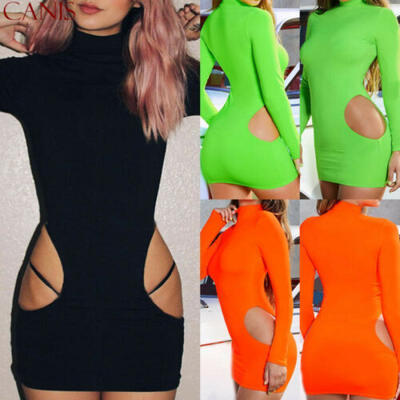 

Women Fashion Long Sleeve Hollow Out Solid Clubwear Cocktail Mini Bodycon Dress
