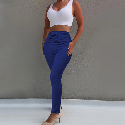 

Women Cozy Tight Bandage Tie High Waist Elastic Trousers Long Pants