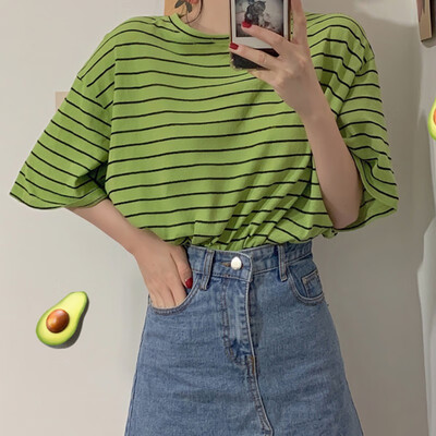 

Womens Summer Casual Vintage T Shirt Short Sleeve O-Neck Color Block Striped Loose Tee