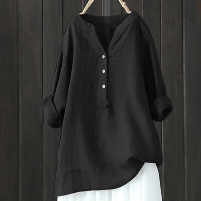 

Nomeni Women Solid Stand Collar Long Sleeve Shirt Casual Loose Blouse Button Down Tops