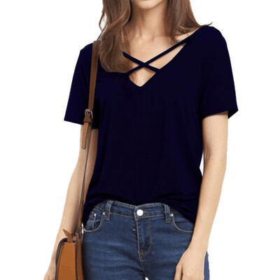 

Nomeni Women Short Sleeve V Neck Sexy Strap Solid Casual Basic T-Shirt Top Blouse BUL