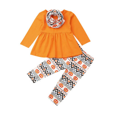 

Baby Kids Girls Clothes Set Cotton Tops Pumpkin Pants Scarf Outfits Set