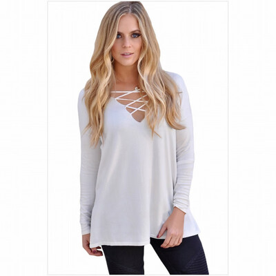 

V-neck cross strap long-sleeved side slit warm casual knit sweater
