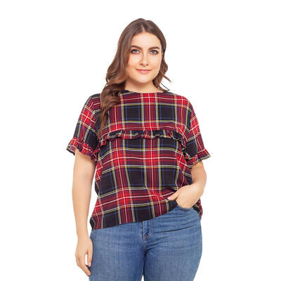 

Plaid Large Size Ruffle Tees Tops Women Short Sleeve Round Neck T-shirt