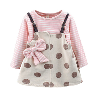 

Polka Dot Print Girls Dress Autumn Kids Sundress With Bowknot Casual Baby Girls Striped Long Sleeve Fake 2 Piece Dress