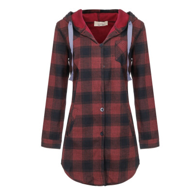 

Roseonmyhand Women Plus Size Long Sleeve Plaid Print Ladies Thicken Hooded Button Long Coat