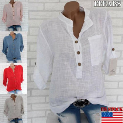 

Women Cotton Linen Casual Solid Tops Long Sleeve Shirt Blouse Button Down Tops